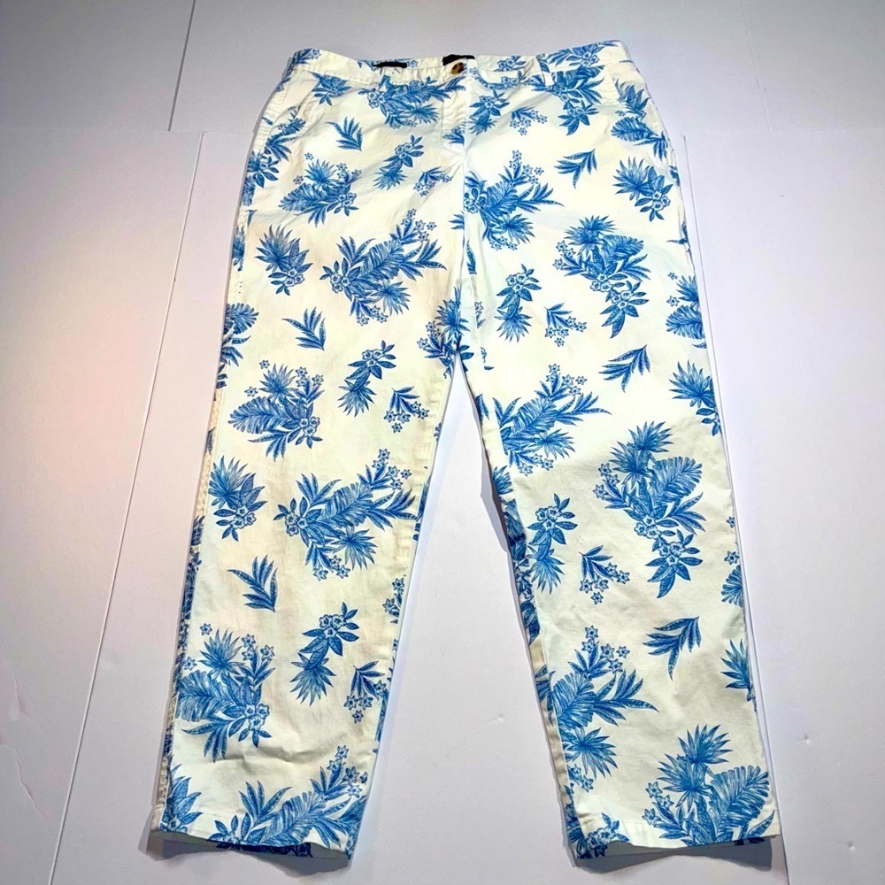 Talbots Womens White Blue Floral Relaxed Chino Pants Sz 12 Coastal Beach Preppy